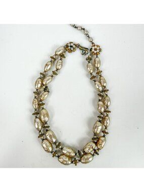 Miriam Haskell Vintage Double Strand Faux Pearl Necklace Filigree Flower Clasp